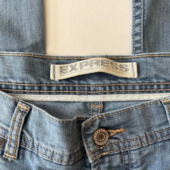 VINTAGE Express X2 Slim Fit Super Low Rise Flare Leg Jeans Womens 4 Short Blue - Picture 3 of 7